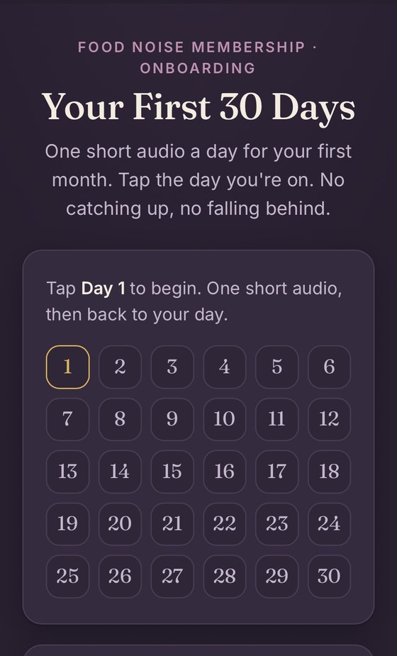 The app's first 30 days screen, a calendar of daily audios